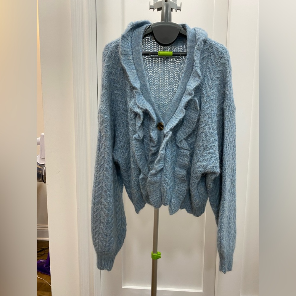Zara Blue Ruffle Oversized Cardigan - Picture 2 of 6